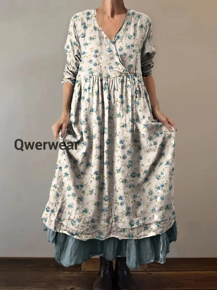 Retro Boho Floral Botany Print Vintage V-Neck Double Hemline Cotton Long Sleeve Midi Dress A / S