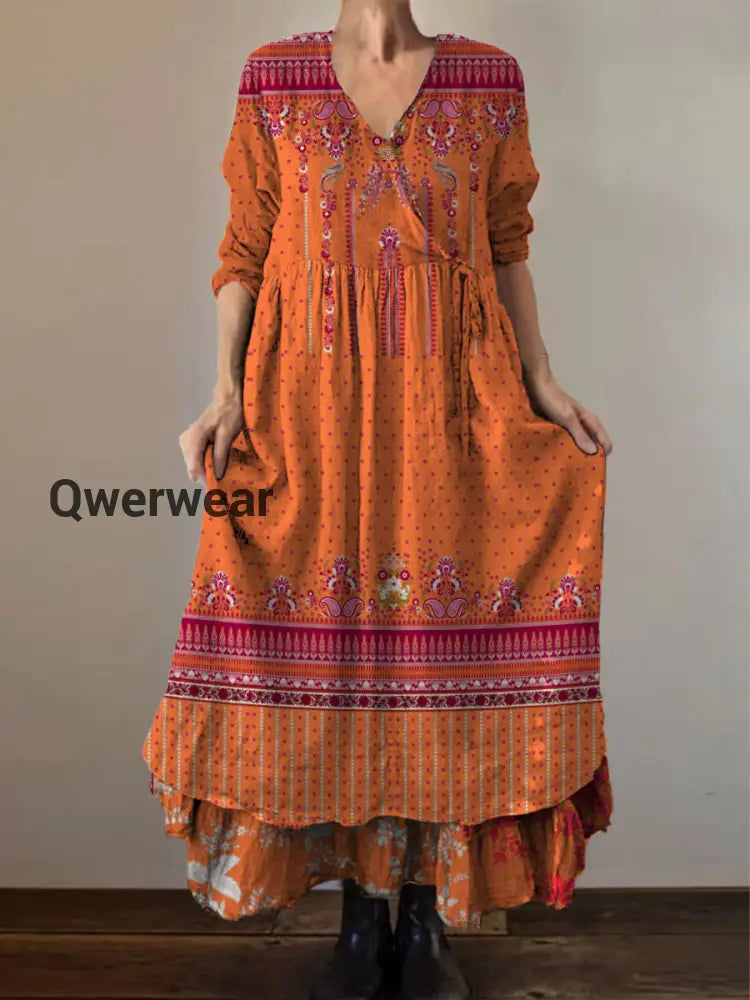 Retro Boho Floral Botany Print Vintage V-Neck Double Hemline Cotton Long Sleeve Midi Dress A / S