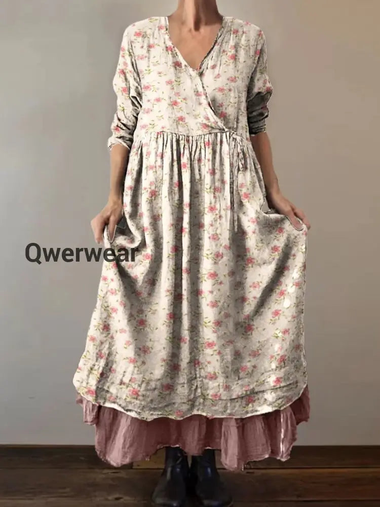 Retro Boho Floral Botany Print Vintage V-Neck Double Hemline Cotton Long Sleeve Midi Dress A / S