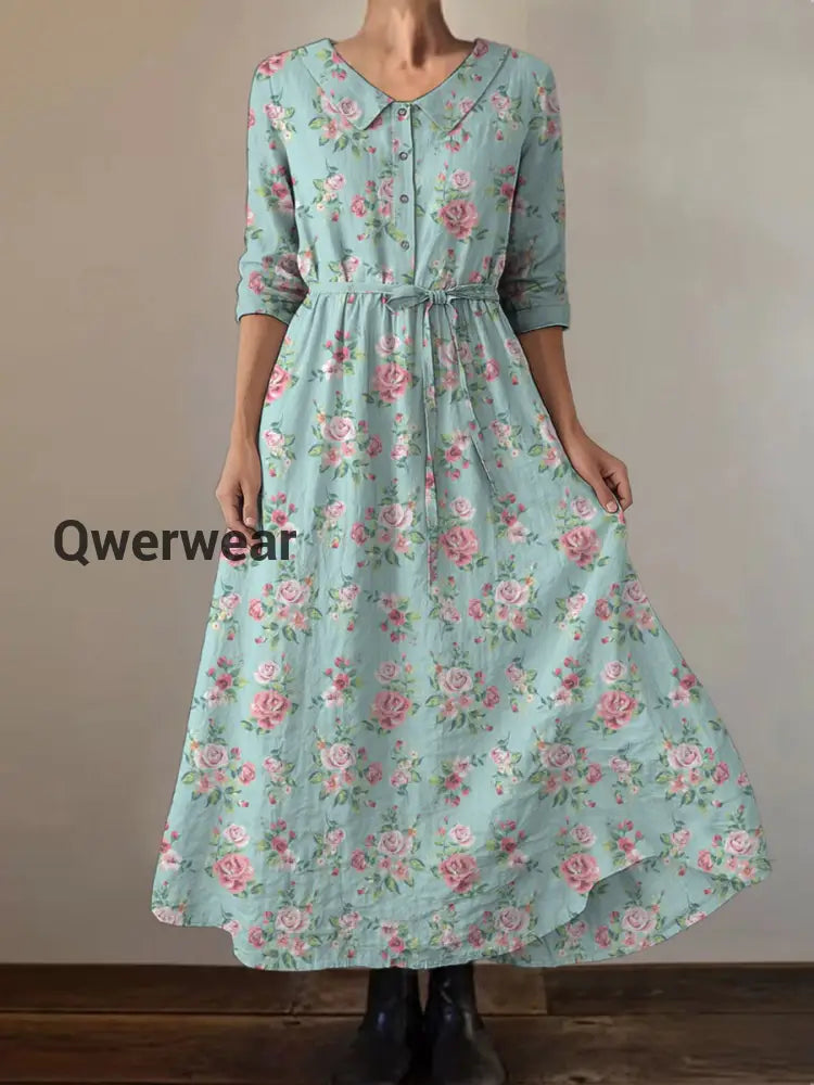 Retro Boho Floral Print Vintage Chic Round Neck Button Long Sleeve Midi Dress-DR-F-08 A / S