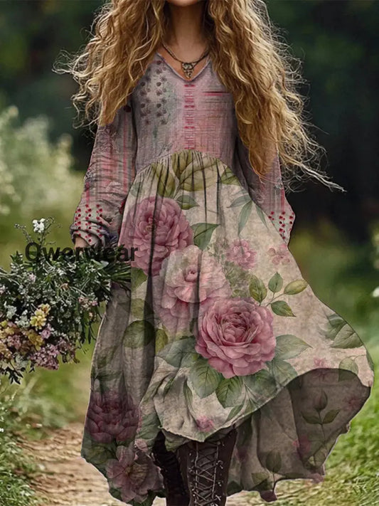 Retro Boho Floral Print Vintage Chic V-Neck Cotton Long Sleeve Midi Dress A / S