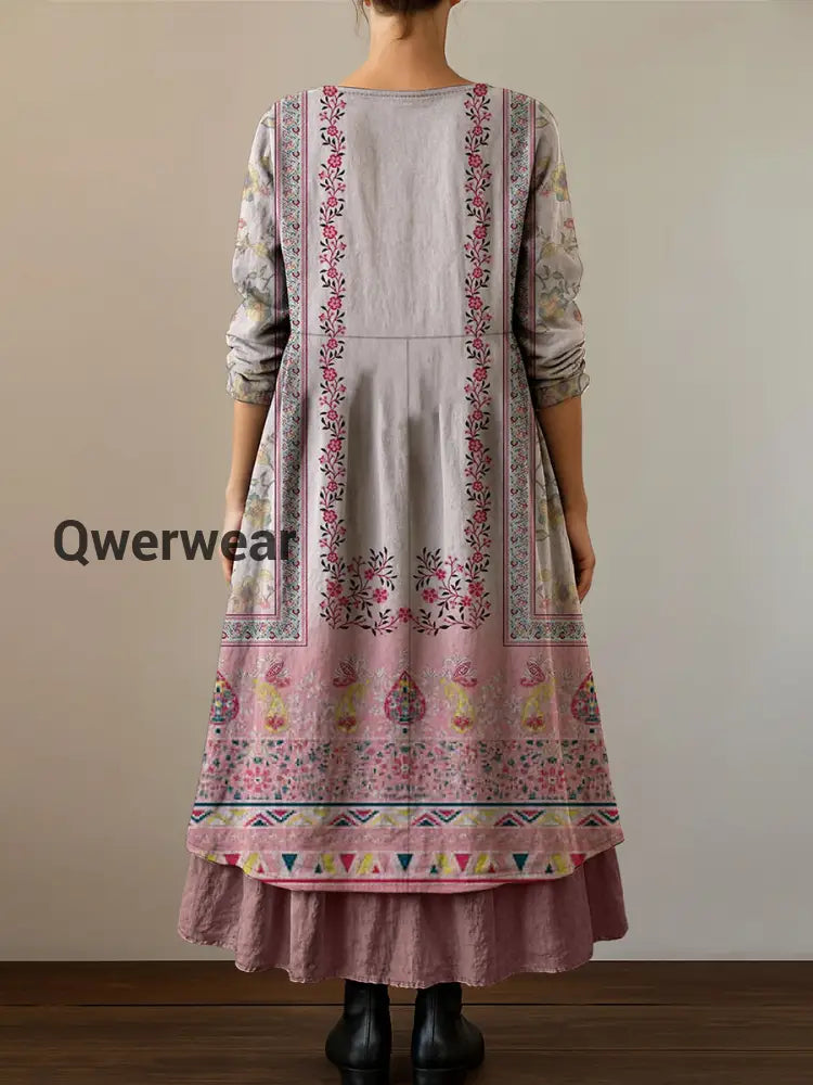 Retro Boho Floral Print Vintage V-Neck Double Hemline Cotton Long Sleeve Midi Dress