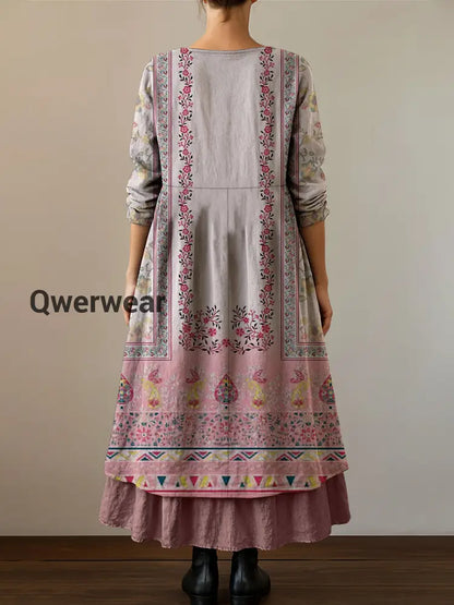 Retro Boho Floral Print Vintage V-Neck Double Hemline Cotton Long Sleeve Midi Dress