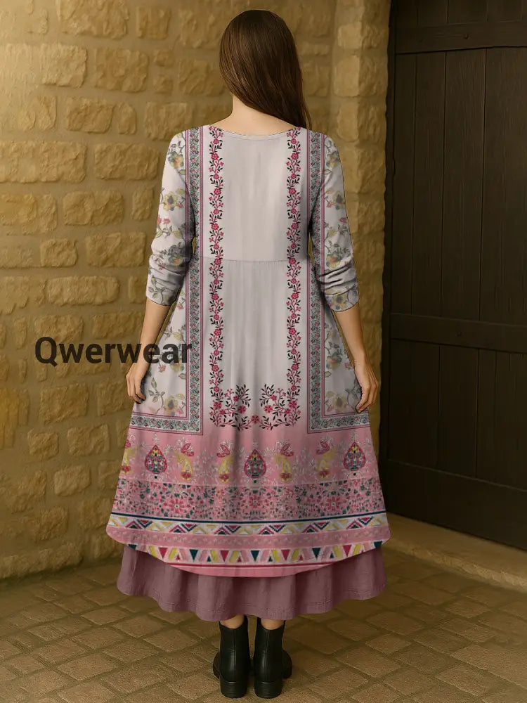 Retro Boho Floral Print Vintage V-Neck Double Hemline Cotton Long Sleeve Midi Dress