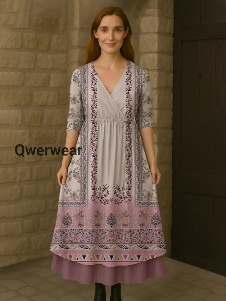 Retro Boho Floral Print Vintage V-Neck Double Hemline Cotton Long Sleeve Midi Dress