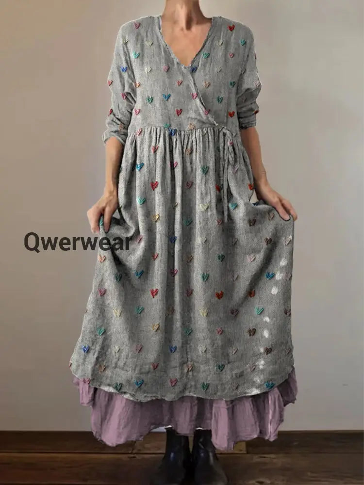 Retro Boho Floral Print Vintage V-Neck Double Hemline Cotton Long Sleeve Midi Dress A / S
