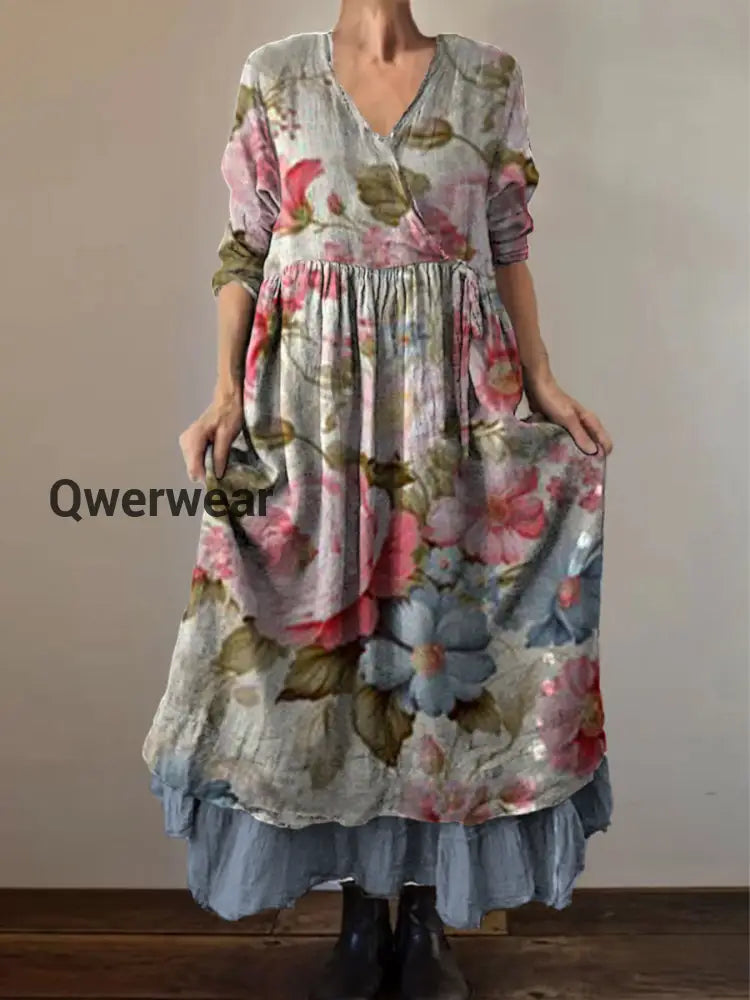 Retro Boho Floral Print Vintage V-Neck Double Hemline Cotton Long Sleeve Midi Dress A / S