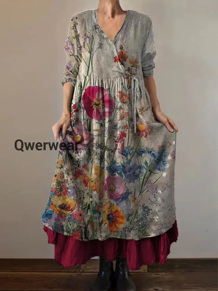 Retro Boho Floral Print Vintage V-Neck Double Hemline Cotton Long Sleeve Midi Dress A / S