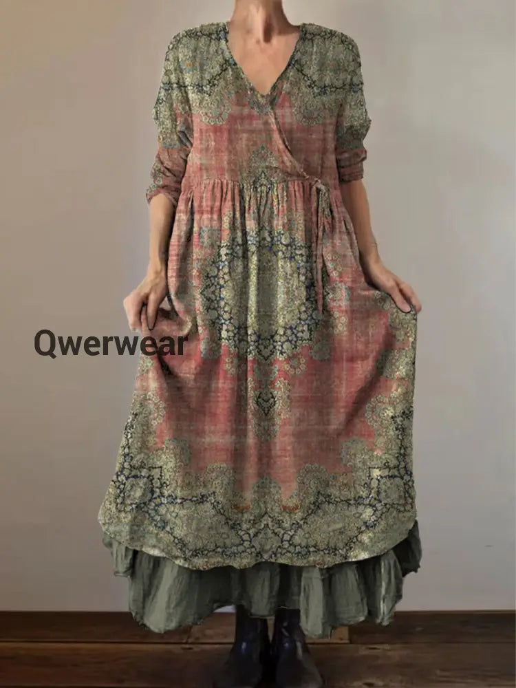 Retro Boho Floral Print Vintage V-Neck Double Hemline Cotton Long Sleeve Midi Dress A / S