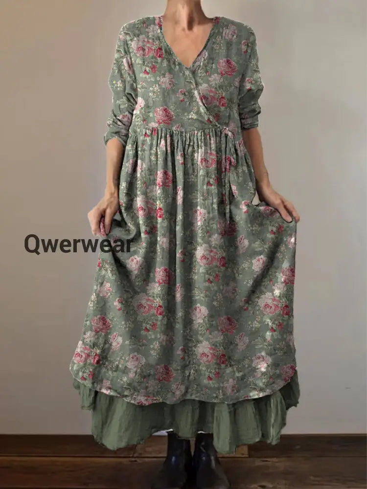 Retro Boho Floral Print Vintage V-Neck Double Hemline Cotton Long Sleeve Midi Dress A / S