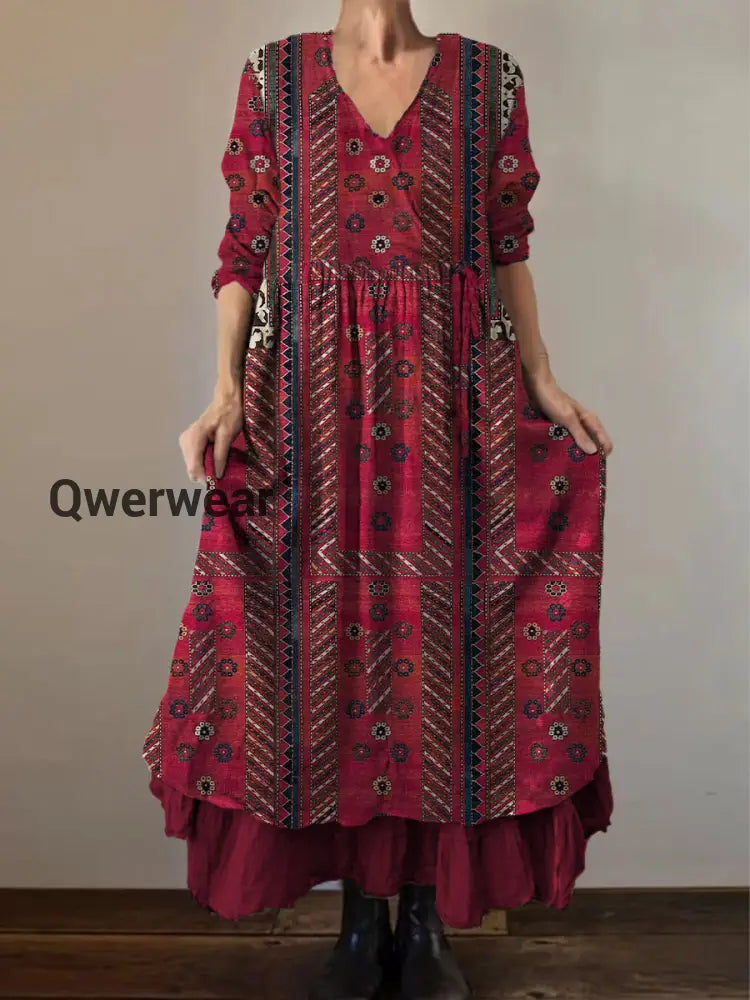 Retro Boho Floral Print Vintage V-Neck Double Hemline Cotton Long Sleeve Midi Dress A / S
