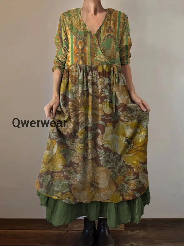 Retro Boho Floral Print Vintage V-Neck Double Hemline Cotton Long Sleeve Midi Dress A / S