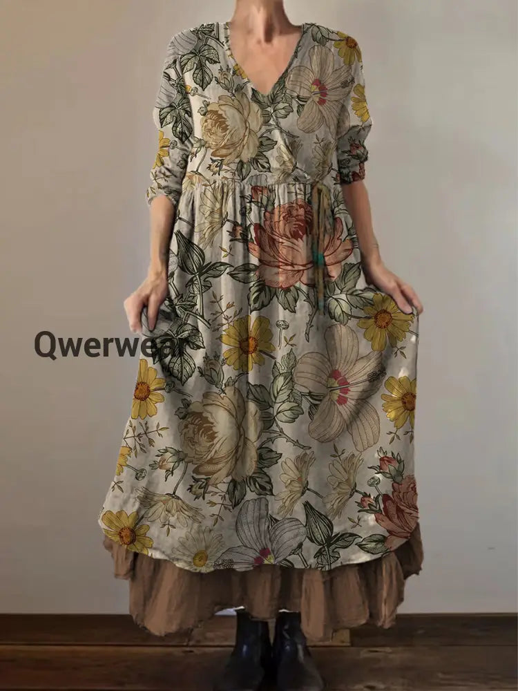 Retro Boho Floral Print Vintage V-Neck Double Hemline Cotton Long Sleeve Midi Dress A / S