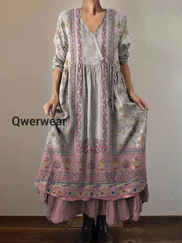 Retro Boho Floral Print Vintage V-Neck Double Hemline Cotton Long Sleeve Midi Dress A / S