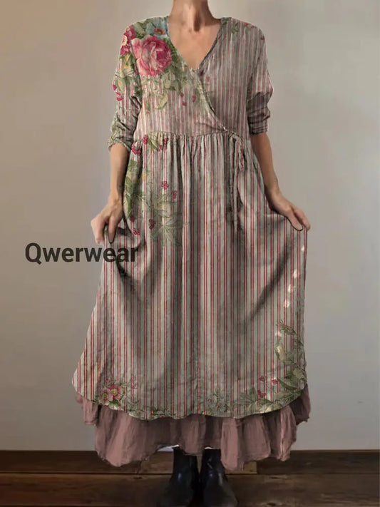 Retro Boho Floral Print Vintage V-Neck Double Hemline Cotton Long Sleeve Midi Dress A / S