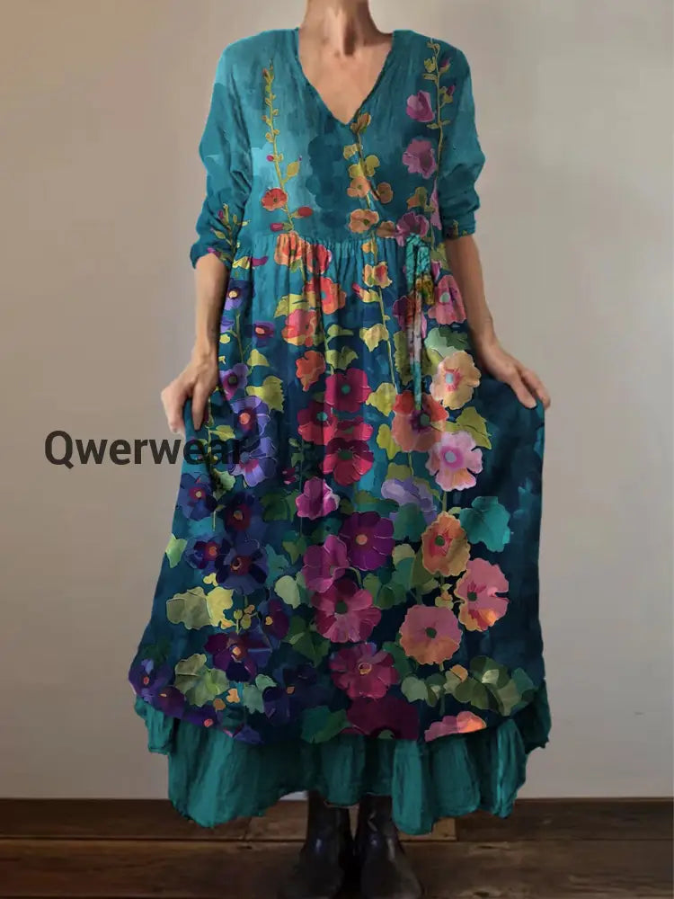 Retro Boho Floral Print Vintage V-Neck Double Hemline Cotton Long Sleeve Midi Dress A / S