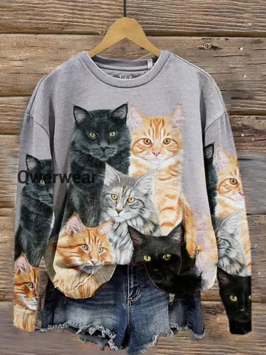 Retro Cat Art Print Casual Round Neck Long Sleeve Casual Sweatshirt A / S