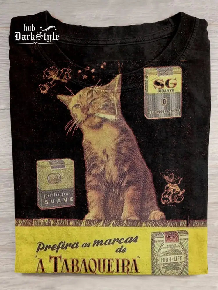 Retro Cat Smoking Casual T-Shirt T-shirt-Black / S