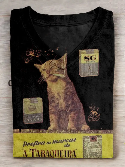 Retro Cat Smoking Casual T-Shirt V-neck T-shirt Black / S