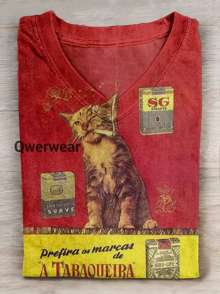 Retro Cat Smoking Casual T-Shirt V-neck T-shirt -Red / S