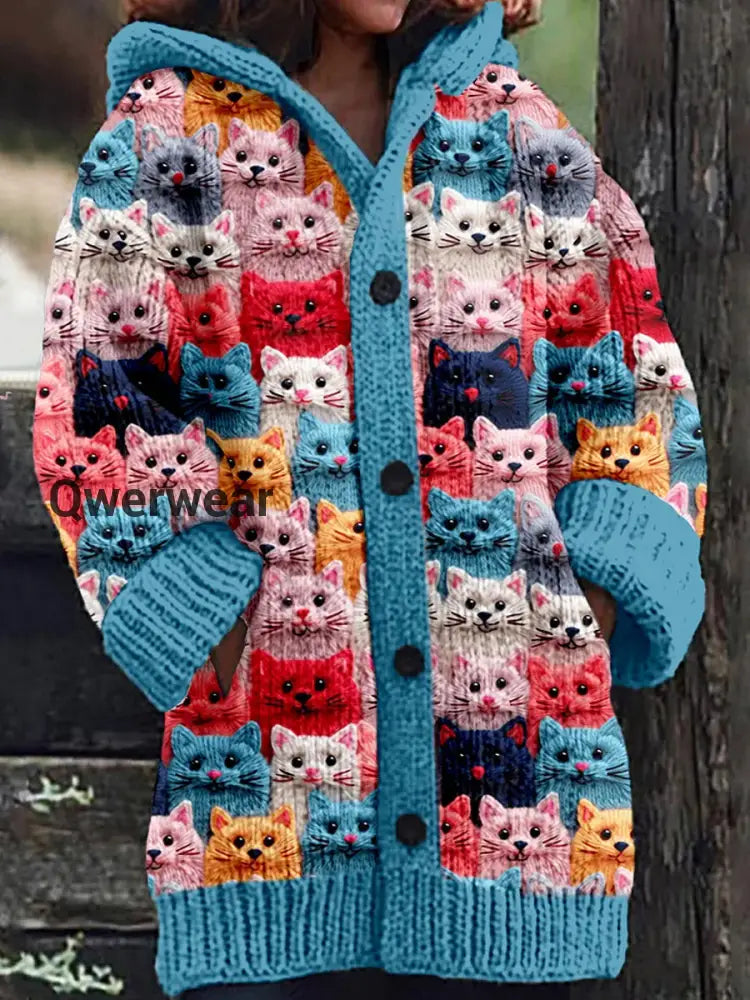 Retro Cute Pet Print Button Up Thick Long-Sleeved Hooded Cardigan Sweater Blue / S