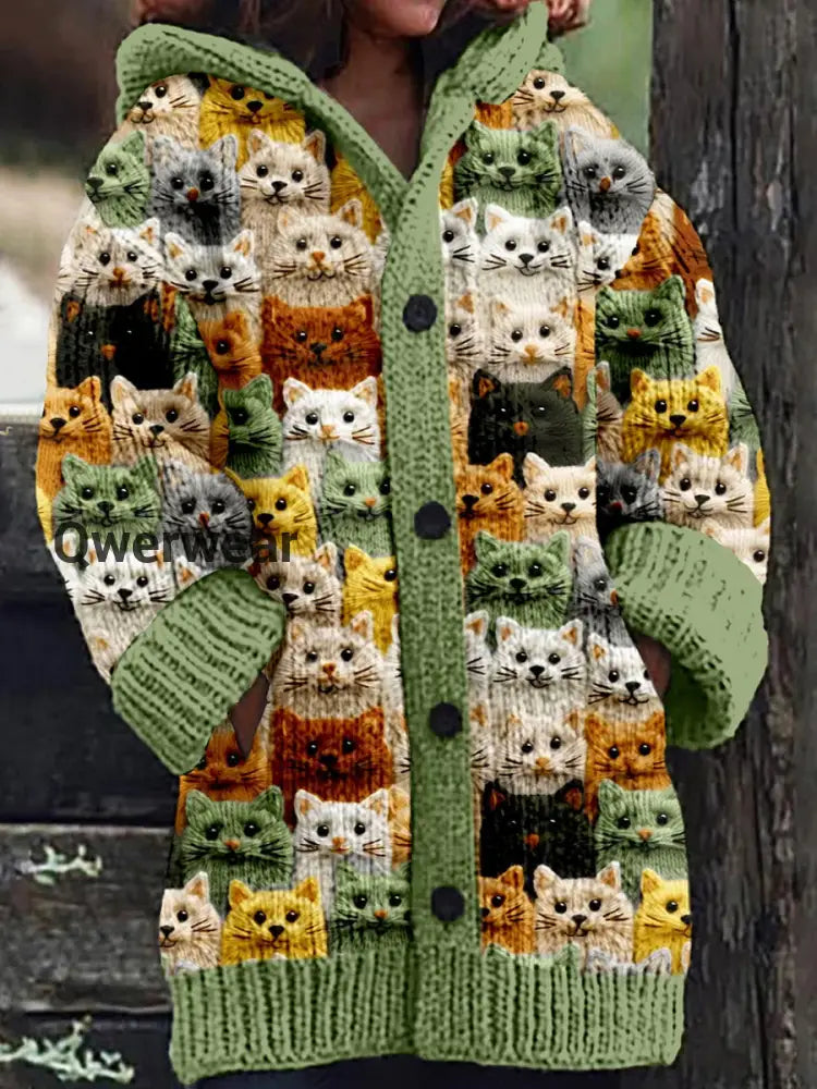 Retro Cute Pet Print Button Up Thick Long-Sleeved Hooded Cardigan Sweater Green / S