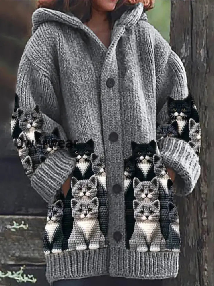 Retro Cute Pet Print Button Up Thick Long-Sleeved Hooded Cardigan Sweater Grey / S