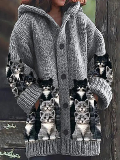 Retro Cute Pet Print Button Up Thick Long-Sleeved Hooded Cardigan Sweater Grey / S