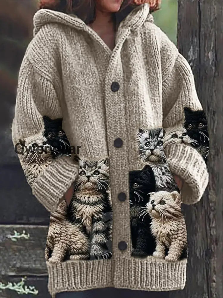Retro Cute Pet Print Button Up Thick Long-Sleeved Hooded Cardigan Sweater Khaki / S