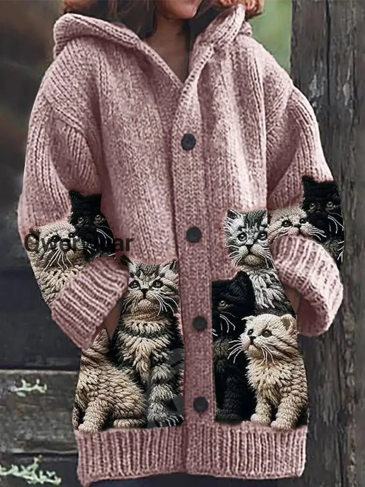 Retro Cute Pet Print Button Up Thick Long-Sleeved Hooded Cardigan Sweater Pink / S