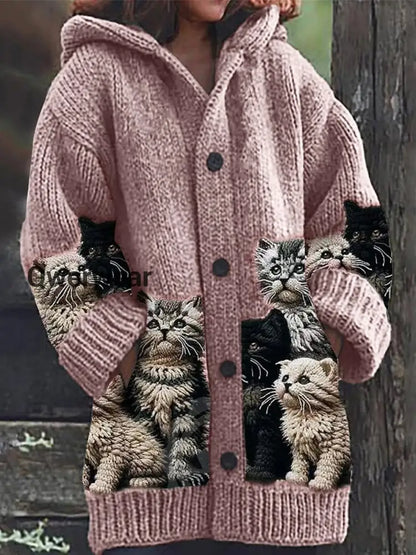 Retro Cute Pet Print Button Up Thick Long-Sleeved Hooded Cardigan Sweater Pink / S