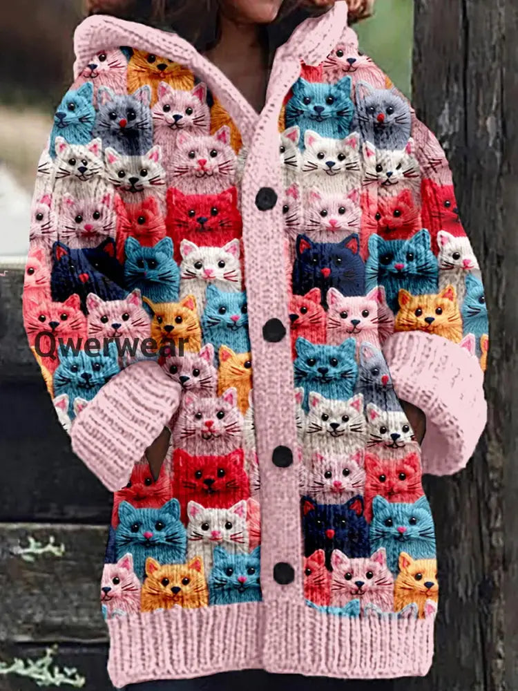 Retro Cute Pet Print Button Up Thick Long-Sleeved Hooded Cardigan Sweater Pink / S