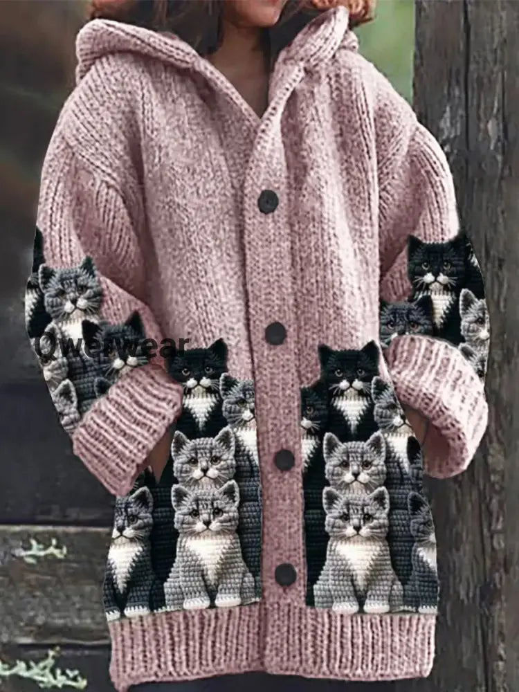 Retro Cute Pet Print Button Up Thick Long-Sleeved Hooded Cardigan Sweater Pink / S