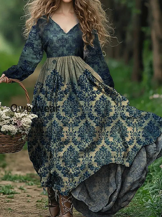 Retro Floral Art Print V-Neck Elegant Chic Loose Long Sleeve Midi Dress A / S