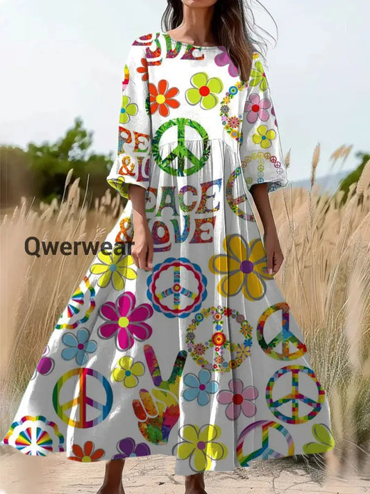 Retro Hippie Art Print Round Neck Long Sleeve Midi Dress A / S