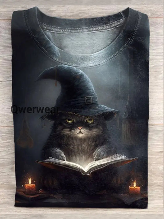 Retro Magic Cat Art Print Casual T-Shirt A / S