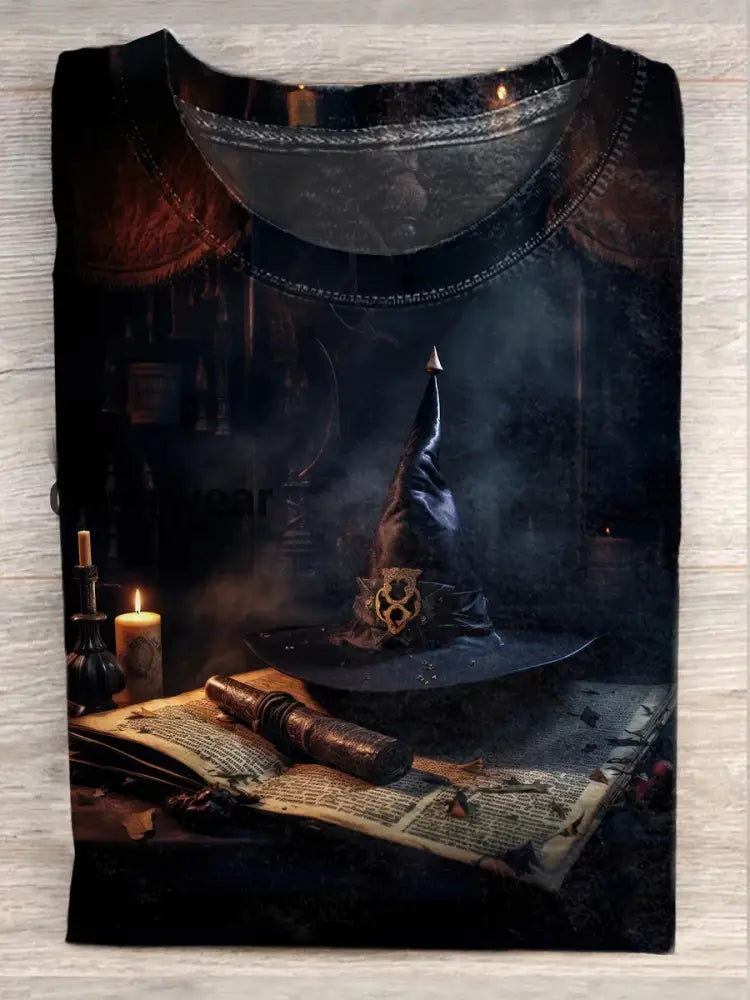 Retro Magic Hat Art Print Casual Round Neck T-Shirt A / S