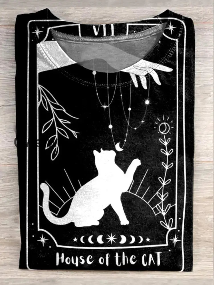 Retro Magic Kitten Art Print Casual Round Neck T-Shirt A / S