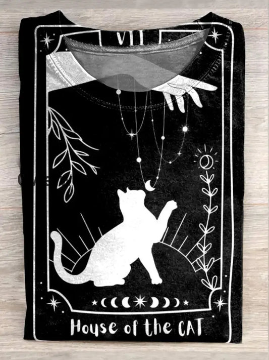 Retro Magic Kitten Art Print Casual Round Neck T-Shirt A / S