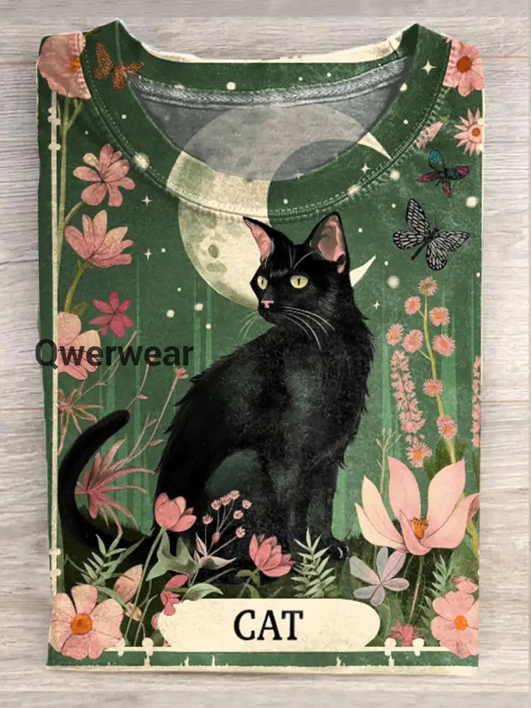 Retro Magic Kitten Art Print Casual Round Neck T-Shirt A / S