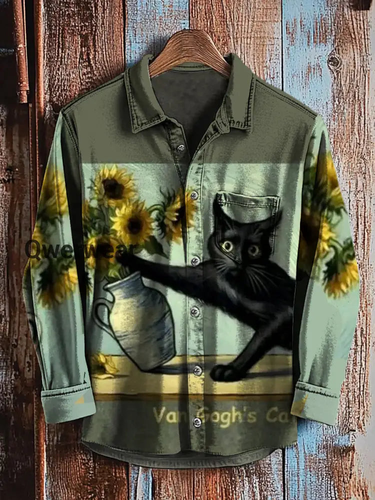 Retro Vintage Van Gogh Cat Art Long Sleeved shirt A / S Mens shirts