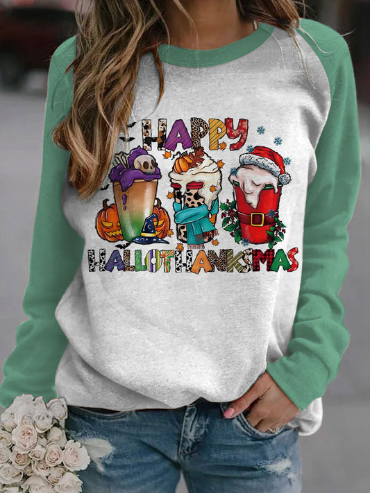 Happy Hallothanksmas Coffee Long Sleeve Casual Top