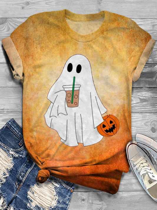 Iced Coffee Halloween Cute Little Ghost Crew Neck T-shirt