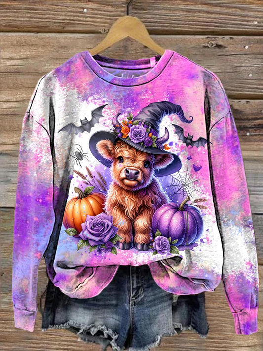 Women's Witch Highland Cow Round Neck Long Sleeve Top