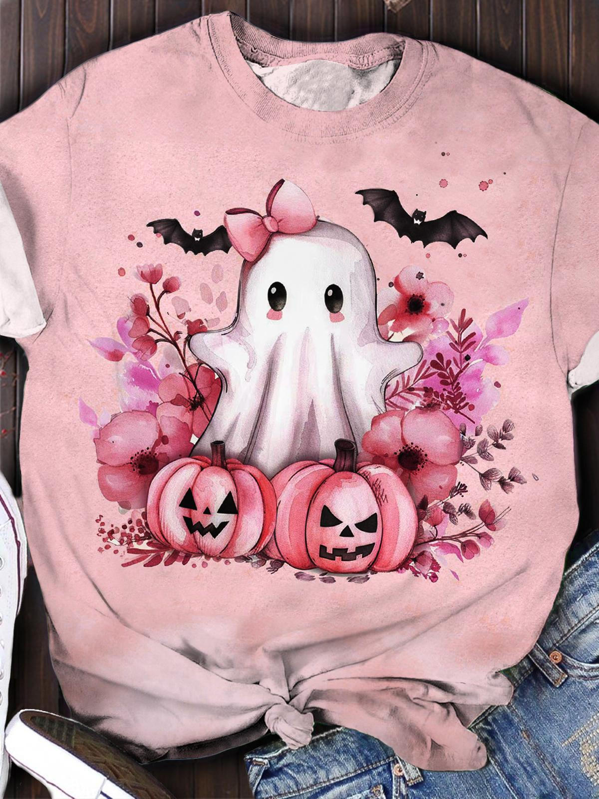 Women's Halloween Elf Pumpkin Print Crew Neck T-Shirt