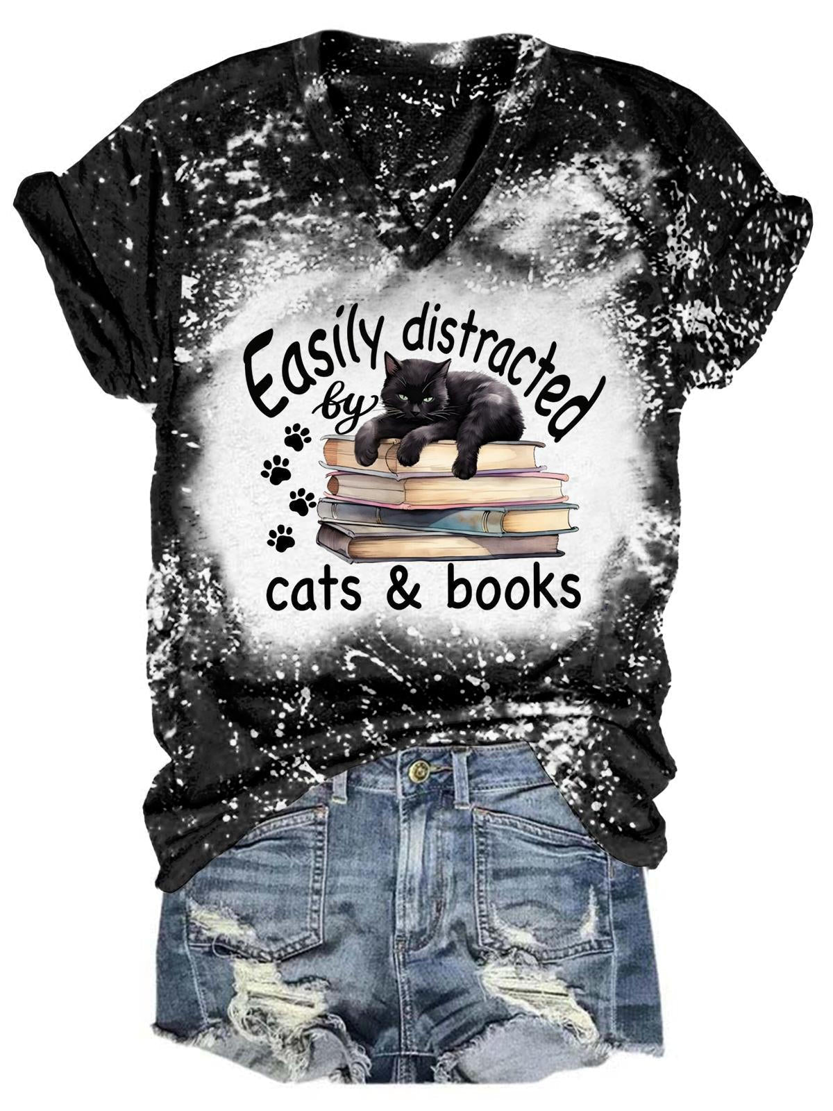 Easily Distracted Cats & Books Tie Dye V Neck T-Shirt