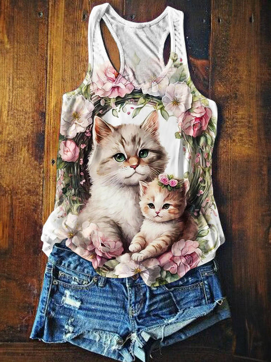 Floral Cat Print Casual Tank Top