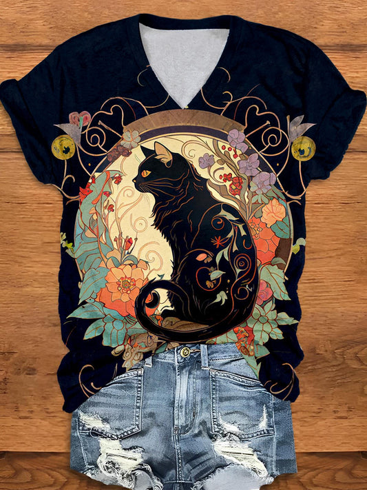 Divine Black Cat with Rose V-Neck Short Sleeve Casual T-Shirt