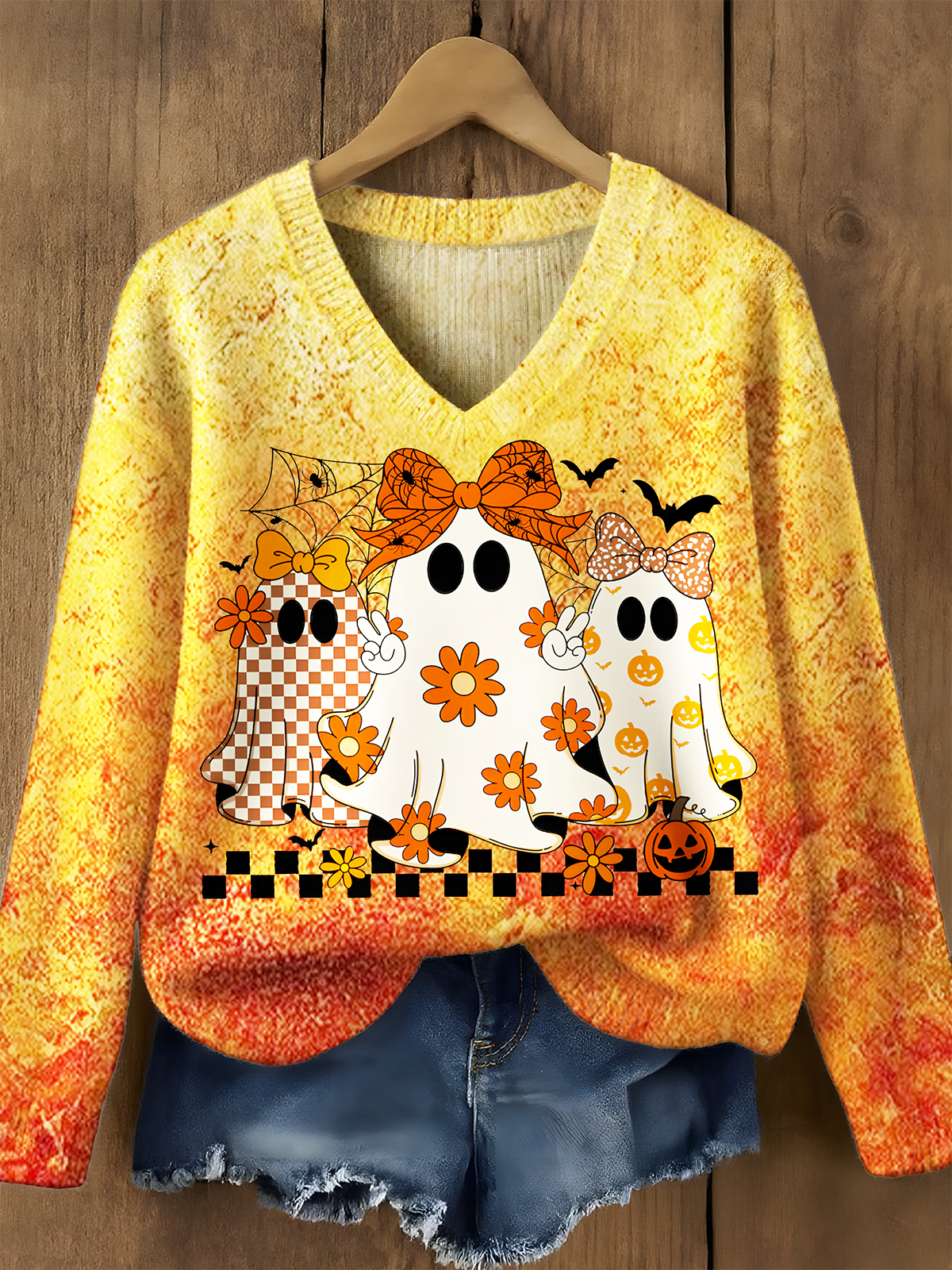 Lace Ghost Coquette Casual V Neck Pullover Sweater