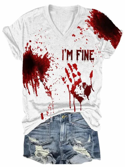 Women's Bloody I'm Fine Print V-Neck Casual T-Shirt